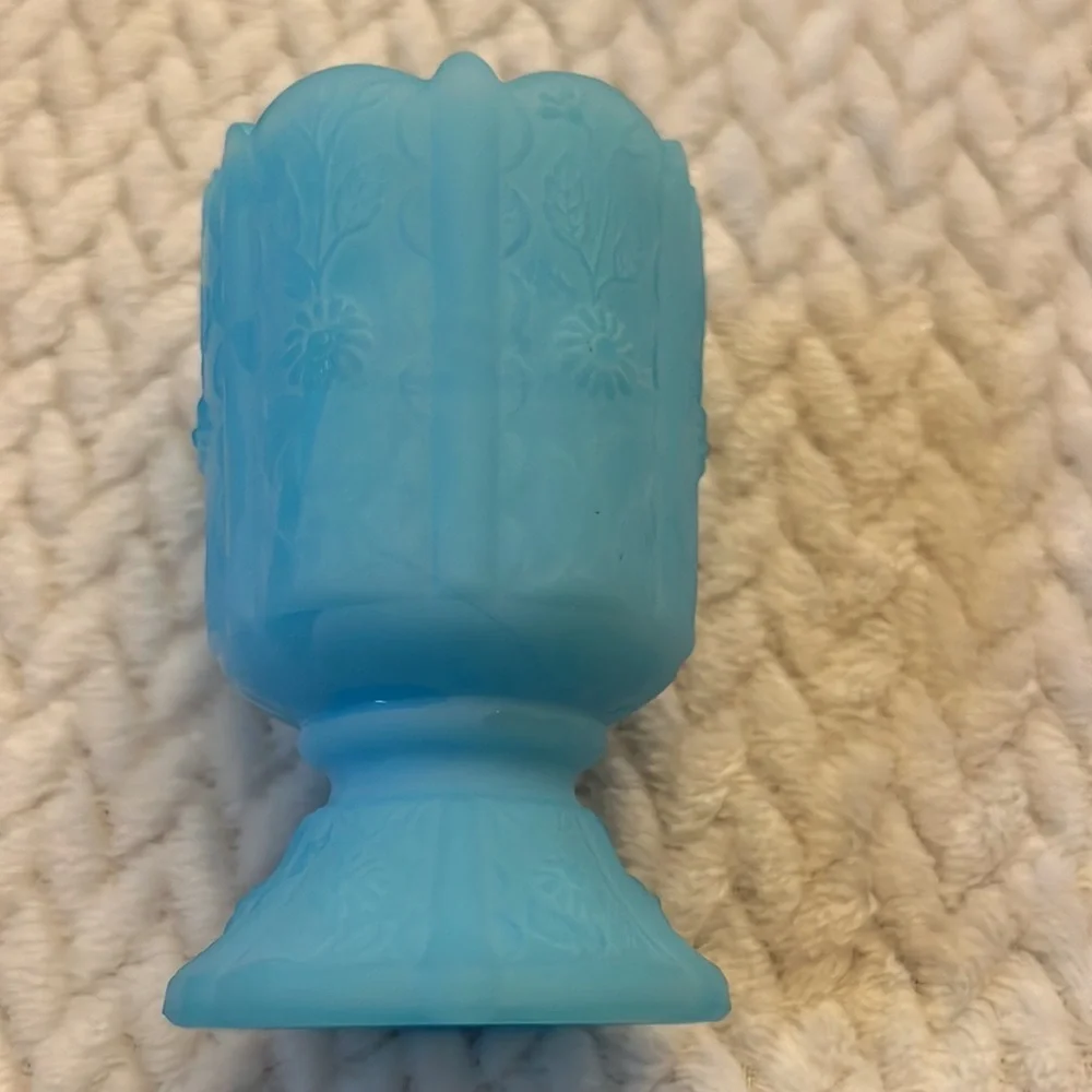 Fenton Panel Daisy Satin Blue Emboss Glass Vase Toothpick Candle Holder Vintage